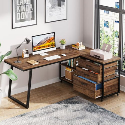 LITTLE TREE Reversible 53-inch L Shaped Desk with 3 Drawer, Farmhouse Corner Desk Gaming Table with Shelves and File Cabinet for Letter Size & Legal Size File for Home Office and Small Space - WoodArtSupply