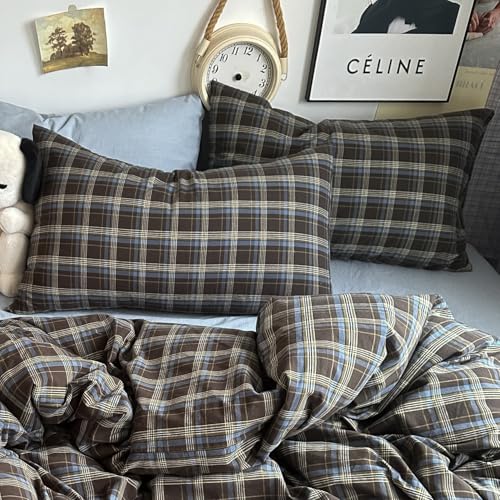 DONEUS Buffalo Plaid Duvet Cover Set 100% Washed Cotton Natural Linen Like Super Soft Comfy 3 Piece Brown Blue Gingham Checkered Bedding Set with Zipper Closure (Queen 90"x90", for All Seasons) DONEUS
