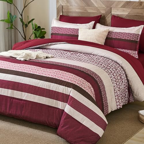 DJY Boho Comforter Set King Size,7 Pieces Bed in a Bag Burgundy Red Striped Bedding Sets,Patchwork Soft Microfiber Bedding Set for All Season(104"x90") DJY