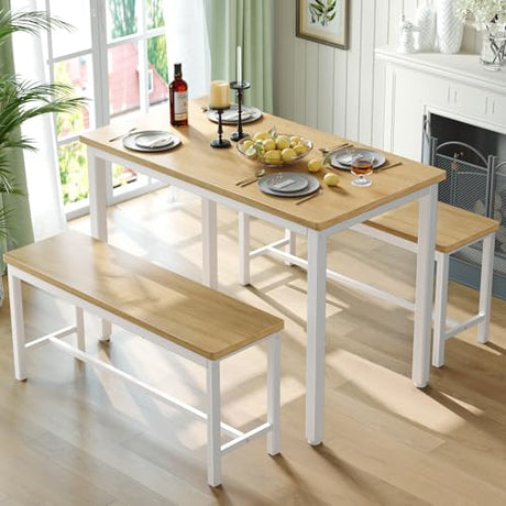 Tatub Dining Table Set for 4, 3-Piece Kitchen Table with 2 Benches, Space-Saving Dining Room Table Set for Breakfast Nook and Small Spaces, Original Tatub