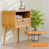 Rattan Nightstand Bedside Tables, Modern Wood Side Table Small End Table for Bedroom Living Room with Long Solid Wood Legs Drawer and Open Shelf HOCAT
