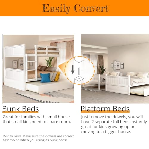 MERITLINE White Full Over Full Bunk Bed with Trundle - Solid Wood Detachable Design for Kids MERITLINE