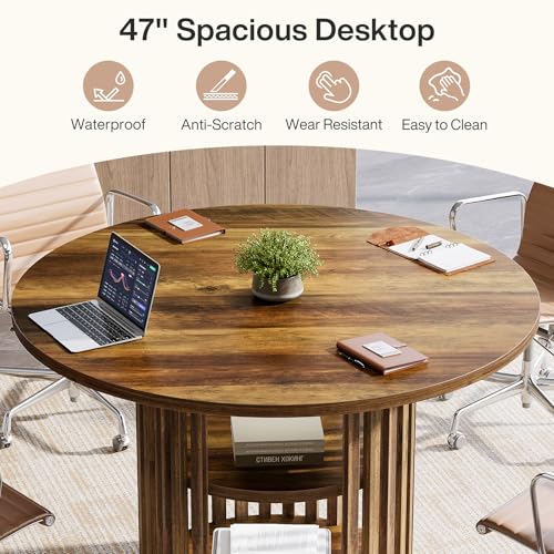 Tribesigns 47-Inch Round Conference Table for 4, Wooden Small Meeting Room Table with Storage Shelf and Solid Wood Base for Office, Conference Room, Brown Tribesigns