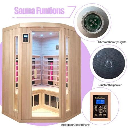 KUNSANA Ceramic Infrared Sauna, 2-3 Person Home Sauna, Canadian Hemlock Indoor Corner Sauna Spa, Wooden Sauna Room, 5 Low EMF Heaters + 4 Ceramic Tubes, Bluetooth Speakers, Chromotherapy Lights KUNSANA
