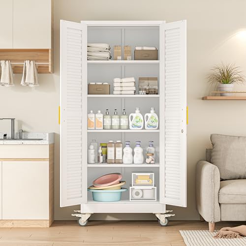 Tokawa 71’’H Metal Garage Storage Cabinet with Wheels, Metal Storage Cabinet with Louvered Doors, Rolling Tool Cabinet with Adjustable Shelves, Large Utility Cabinet for Office,Garage,Kitchen（White） Tokawa