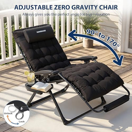HOMSHADE Oversized Zero Gravity Chair, 33In XXL Outdoor Recliner Chair w/Removable Cushion&Headrest, Reclining Patio Chairs for Indoor, Camping Lounge Chair with Footrest, Support 500LBS, Black HOMSHADE
