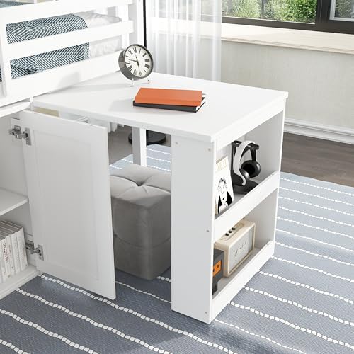 KEIKI Twin Size Low loft Bed with Pull-Out Desk, Rubber Wood Loft Bed with Storage Cabinets & Drawers & Shelves, Low Twin Bed for Kids, White KEIKI