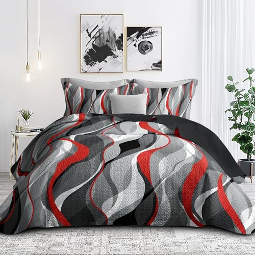 weesire Classic Line Pattern Bedding Quilt Queen Size Modern Grey Red and Black Stripe Quilt with 2 Shams, Gray and Red Comforter Sets Lightweight Breathable Bedspreads Coverlet, 90''x96'' weesire
