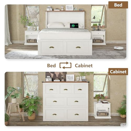 AMERLIFE Twin Size Murphy Bed, Farmhouse Wooden Cabinet with Charging Station and Storage Drawer for Bedroom/Office/Guest Room, White+Barnwood AMERLIFE