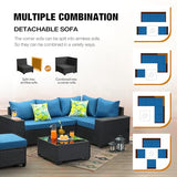 JOYURE 6 Pieces Patio Furniture set All-Weather Outdoor Wicker Sectional Conversation Sofa Rattan patio seating sofa with cushion and Glass Table for Porch Poolside,Peacock Blue JOYURE