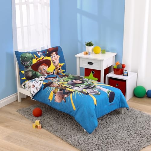 NoJo Disney Toy Story Taking Action Blue, Green and Yellow 4 Piece Toddler Bed Set - Comforter, Fitted Bottom Sheet, Flat Top Sheet, and Reversible Pillowcase NoJo