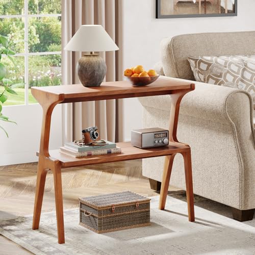 Tribesigns Solid Wood End Table, Modern Side Table for Couch, 2-Tier Narrow Tall End Table, Long Bedside Table for Living Room, Bedroom, Walnut Tribesigns