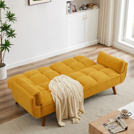 Betoko Convertible Futon Sofa Bed Sleeper Twin Size, Modern Reclining Linen Split Back Sofa Couch with Pillow Top Arm for Compact Living Room,Apartment (Yellow) Betoko