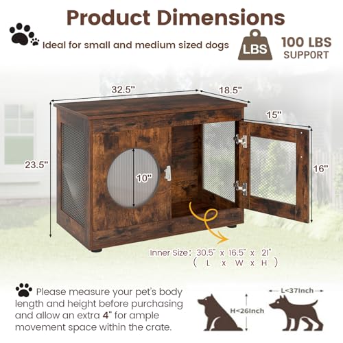PETSITE 32.5 Inches Wooden Dog Crate Furniture, Decorative Industrial Indoor Dog Kennel Cage with Translucent Window, and Lockable Door, Pet House End Table Ideal for Small and Medium Dogs PETSITE