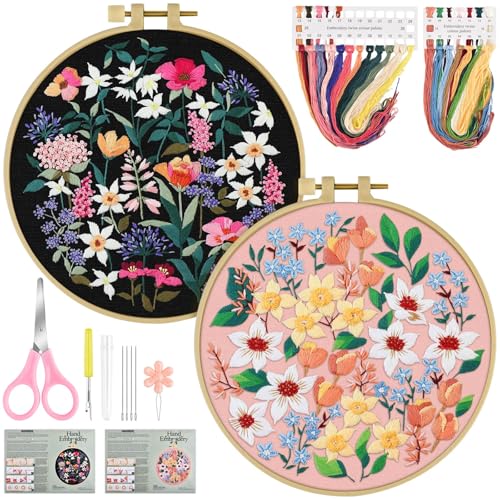 ERKOON Embroidery Kit for Beginners, 2 Set Floral Cross Stitch Set Include Embroidery Cloth Hoops Threads for Craft Lover Hand Stitch with Embroidery Skill Techniques (Flower)