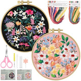 ERKOON Embroidery Kit for Beginners, 2 Set Floral Cross Stitch Set Include Embroidery Cloth Hoops Threads for Craft Lover Hand Stitch with Embroidery Skill Techniques (Flower)