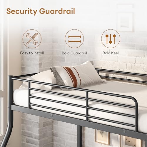 Metal Bunk Bed Twin Over Full Size, Heavy Duty Bunk Bedframe with Safety Guard & Ladder, Space-Saving, No Box Spring Needed, BunkBed Frame for Aldults Dorm Bedroom Guest Room (Black, Twin Over Full) OUEEEDD