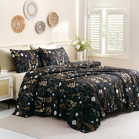 Botanical 6-Piece King Size Sheets Set, Boho Floral Print Brushed Microfiber Sheets, Cooling Bed Sheet Set, Ultra Soft & Breathable, 16' Deep Pocket Fitted Sheet & Pillowcase Set, Beige Brown Leaves Swiftify