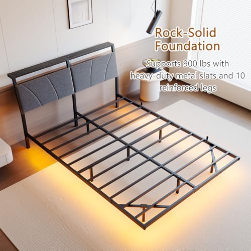 HOJINLINERO Floating Full Size Bed Frame with Headboard&Storage Shelf,Ergonomic Full Bed Frames with USB Charging&LED Lights,Platform Bed Frame Noise-Free Metal Slats | Modern Bedroom Design HOJINLINERO