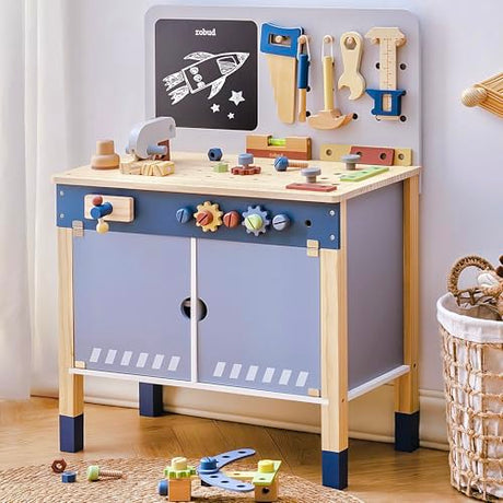 ROBUD Wooden Toy Workbench, Large Kid's Wooden Play Tool, Pretend Play Creative Building Set, Construction Workshop Tool Bench Toys, Gift for Girls & Boys, 3+ ROBUD