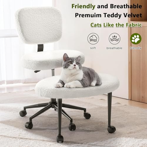 Waleaf Ergonomic Cross Legged Office Chair, ADHD Chair for Adults, Height Adjustable Meditation Chair with Wheels, Teddy Fabric Yoga Kneeling Chairs with Comfortable Back Support (White) Waleaf