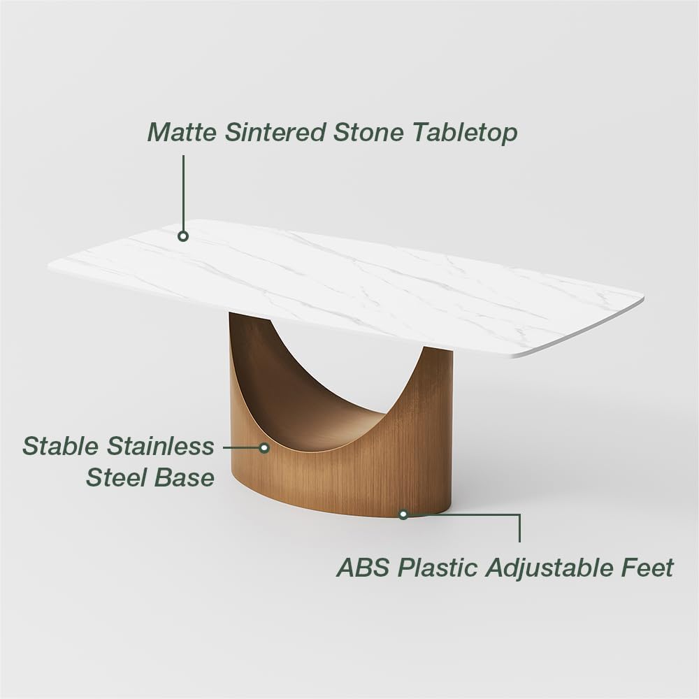 POVISON 71" Hobart Modern Dining Table for 6-8, Matte White Dining Table Sintered Stone Dining Tabletop with Bronze Carbon Steel Pedestal for Dining Room (Table Only) POVISON