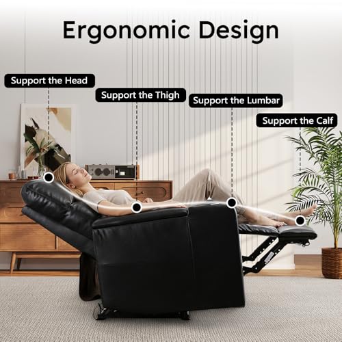 ANJ Home Theater Seating Power Recliner with Hidden Arm Storage, Sigle Faux Leather Recliners with Tray Table, Electric Movie Reclining Chairs with USB Ports & Cup Holders for Media Room, Black