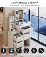 29" Makeup Vanity Desk with Slidding Led Lighted Mirror, Large Storage Modern Dressing Table for Small Space with Multi Hidden Shelves and Cabinet Drawers, Touch Control 3-Color Lighting, Stool Chair Breevia