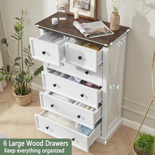 LDTTCUK 6 Drawer Dresser, Farmhouse Dresser Chest of Drawer for Bedroom, 48 Inch Tall Dresser, Wood Storage Chest of Drawers Storage Cabinet for Living Room, Entryway, Hallway, White LDTTCUK