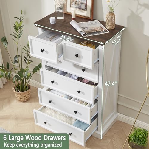 LDTTCUK 6 Drawer Dresser, Farmhouse Dresser Chest of Drawer for Bedroom, 48 Inch Tall Dresser, Wood Storage Chest of Drawers Storage Cabinet for Living Room, Entryway, Hallway, White - WoodArtSupply