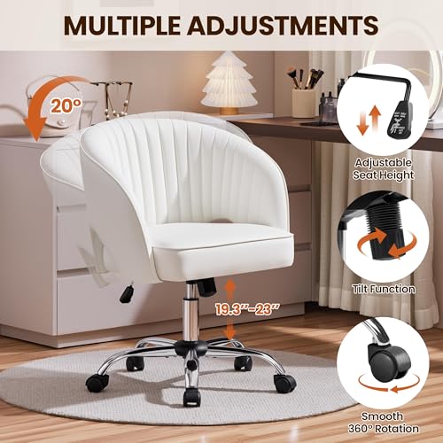 Yaheetech Home Office Chair, Faux Leather Desk Chair, Modern Swivel Chair with Tufted Barrel Back, Rolling Wheels for Office,Study, Vanity, Bedroom White Yaheetech