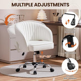 Yaheetech Home Office Chair, Faux Leather Desk Chair, Modern Swivel Chair with Tufted Barrel Back, Rolling Wheels for Office,Study, Vanity, Bedroom White Yaheetech