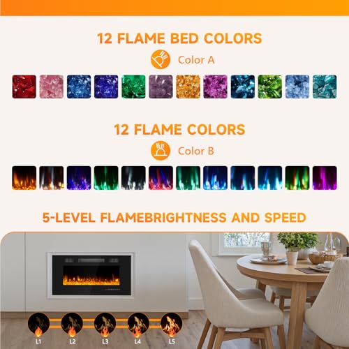Ariiles 36 Inch Electric Fireplace Insert, Electric Fireplace Wall Mounted with Remote & Timer, Low Noise Heater Fireplaces for Living Room, Modern Recessed Fireplaces Decor Ariiles