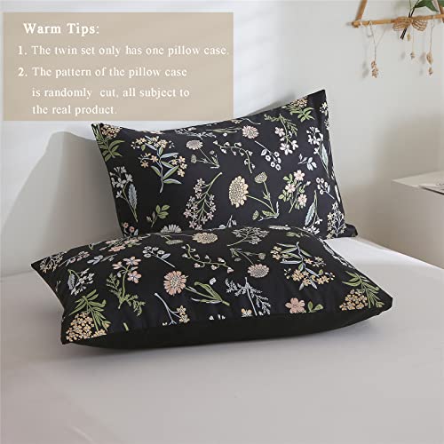 Floral Comforter Set Twin Size, Yellow Green Botanical Flower Leaves Printed Black Comforter for Kids Teen Women, 2 Piece Soft Microfiber Bedding Set with 1 Pillow Case for All Season(Black,Twin) KAKIJUMN
