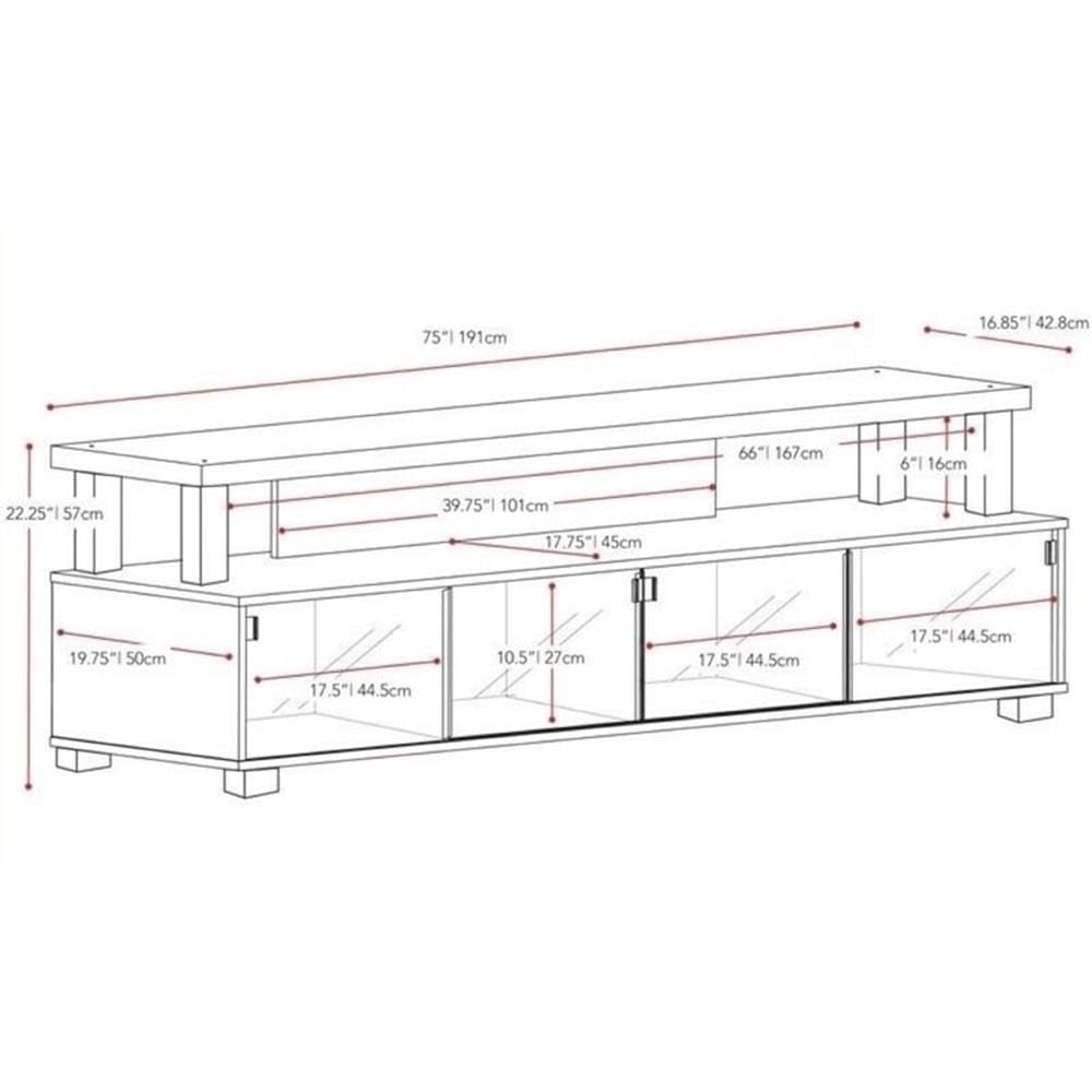 BOWERY HILL 75" W Transitional Wood TV Stand with Glass Doors, Ample Storage, Open Shelf, Cable Management System, Accommodates Most TVs 48"- 95", for Living Room, in Ravenwood Black Finish BOWERY HILL
