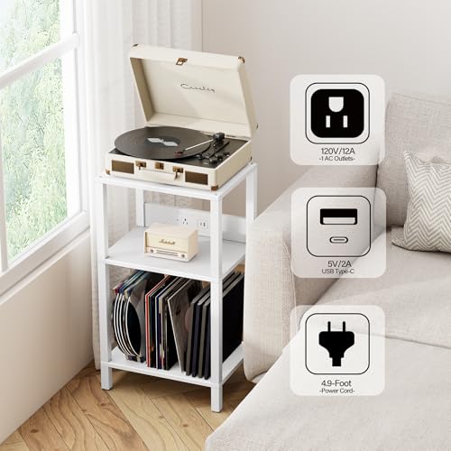 TUTOTAK Record Player Stand with Storage Up to 100 Albums，Record Storage Table,3 Tier End Table with Charging Station,Side Table for Living Room, Bedroom, White TB01BW076 TUTOTAK