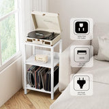 TUTOTAK Record Player Stand with Storage Up to 100 Albums，Record Storage Table,3 Tier End Table with Charging Station,Side Table for Living Room, Bedroom, White TB01BW076 TUTOTAK