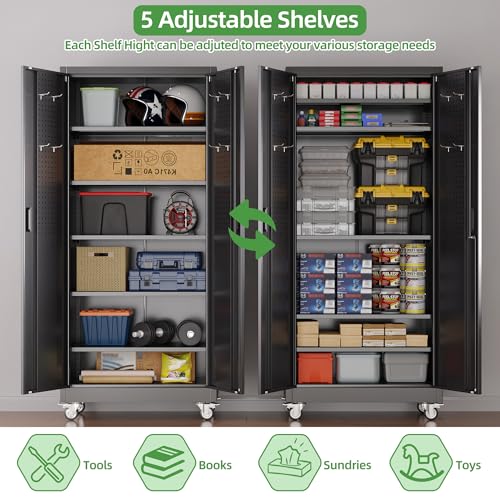 Reemoon 71" H Garage Storage Cabinets with 5 Adjustable Shelves and Door Pegboard,Metal Storage Cabinets with Wheels for Garage Home,Required Assembly,Black Reemoon