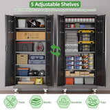 Reemoon 71" H Garage Storage Cabinets with 5 Adjustable Shelves and Door Pegboard,Metal Storage Cabinets with Wheels for Garage Home,Required Assembly,Black Reemoon