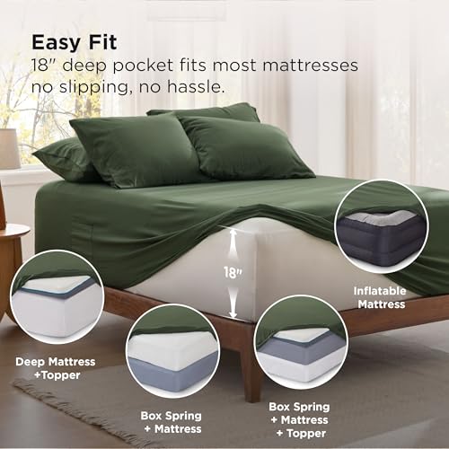 Bedsure Deep Pocket King Sheet Set - 6 Piece, Prewashed Ultra-Soft King Size Sheets Set, Fits Mattresses Up to 18 Inches Thick, Breathable & Secure Fit, Hotel Luxury Bedding, Olive Green Bedsure
