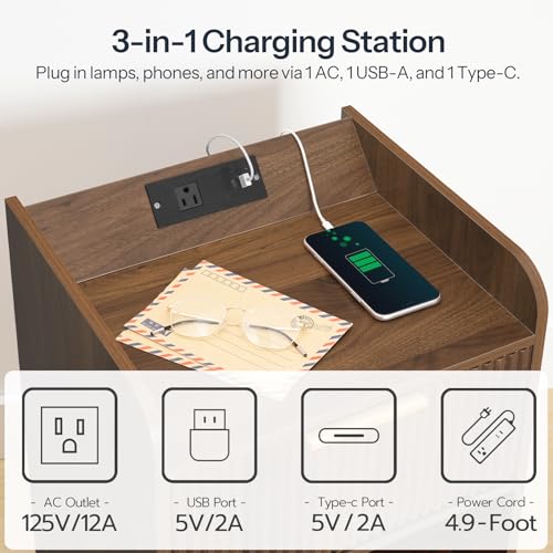 HOOBRO Fluted Nightstand with Charging Station, End Table with Hidden Drawer, Modern Bedside Table, Wooden Night Stand for Bedroom, Study, Dark Walnut WL351UBZ01 HOOBRO