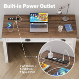 Lareth Computer Desk with Monitor Stand, 47 in Farmhouse Home Office Desk with LED Lights Power Outlets, Executive Desk with Storage for Working Gaming, Study Writing Table for Bedroom, Antique White Lareth