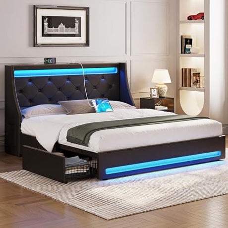 Rolanstar Full Bed Frame with LED Lights and Charging Station, PU Leather Bed with Drawers, Wooden Slats, Noise Free, Easy Assembly, Black Rolanstar