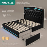 DWVO King Size Bed Frame with 4 Storage Drawers and RGB LED Lights, 57'' Tall Headboard Velvet Upholstered Bed with Charging Station, No Box Spring Needed, Easy Assembly, Noise-Free, Black DWVO