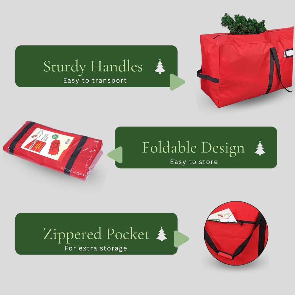 Primode Christmas Tree Storage Bag | Fits Up to 9 Ft. Tall Disassembled Tree | 25" Height X 20" Wide X 65" Long | Durable 600D Oxford Material | Heavy Duty Xmas Storage Container (Red) Primode