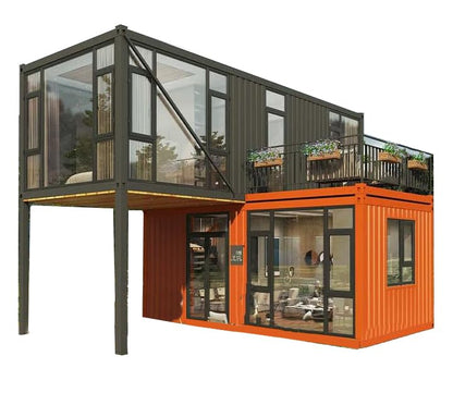 2 Room Double Story Container House Prefab Tiny Home to Live in for Adults Mini Foldable Mobile Home Modular Guest Homes kit casas prefabricadas para Vivir with Water & Electricity Terrace