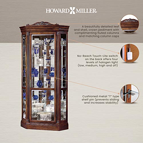 Howard Miller Embassy II Corner Curio Cabinet 680-290 – Embassy Cherry Finish, Distressed Home Decor, Seven Glass Shelves, Eight Level Display Case, Locking Front Door & Halogen Light