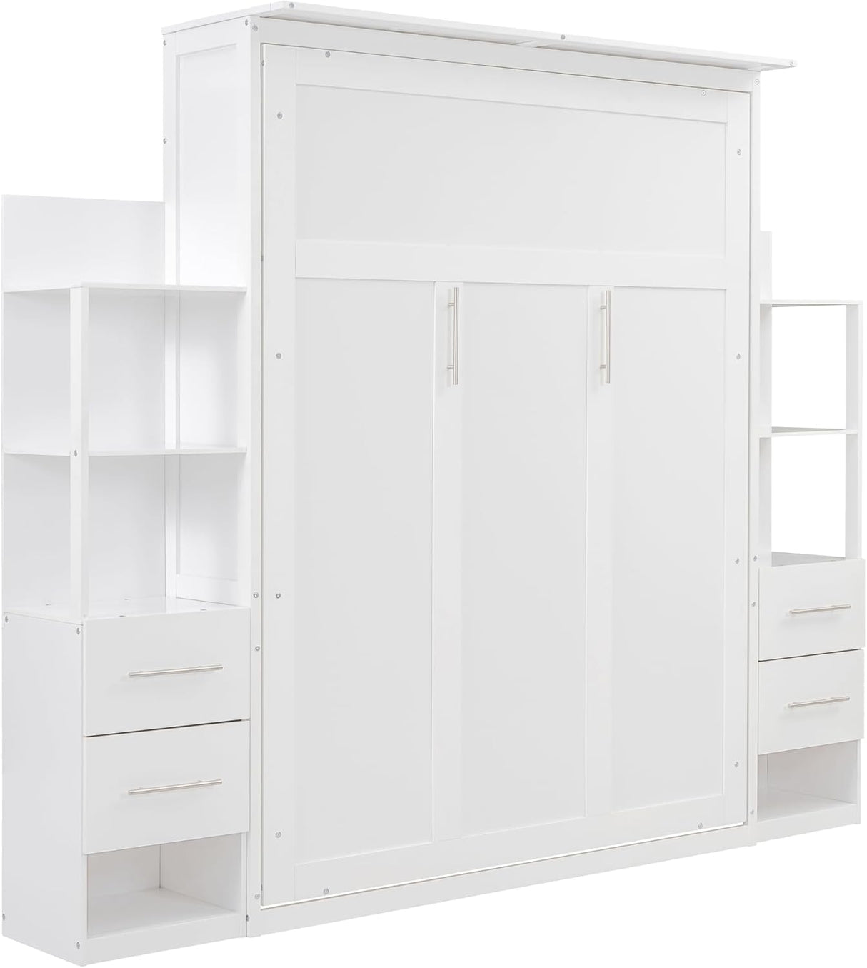 MERITLINE Queen Murphy Bed with Storage Drawers,LED Lights and Shelves,Wood Murphy Wall Bed Cabinet for Adults (White) MERITLINE