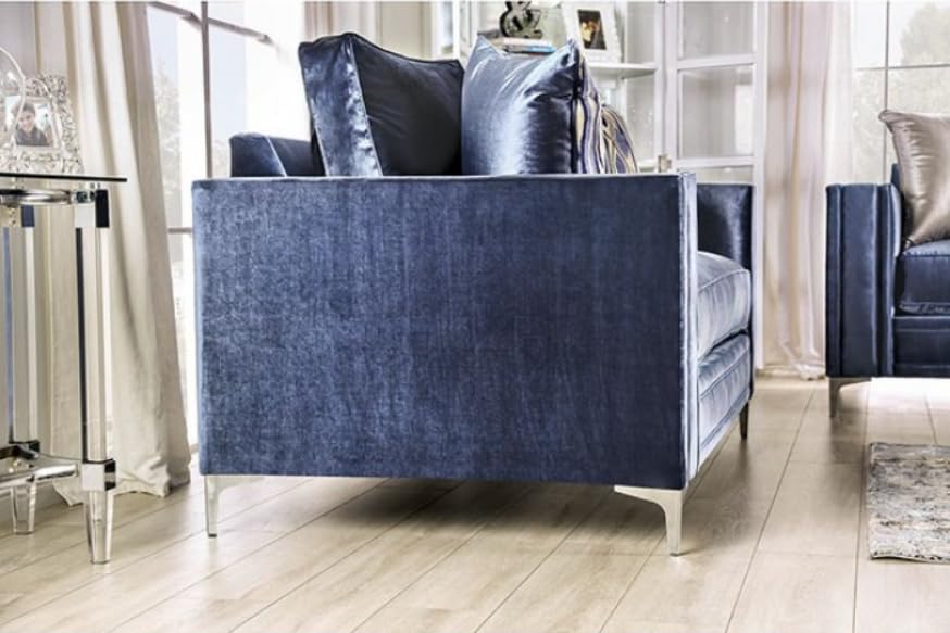 MASARA Contemporary Satin Blue Microfiber Sofa, 96 inch with Chrome Legs, Track Arms, Silver Accent Pillows MASARA