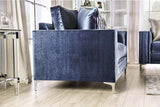 MASARA Contemporary Satin Blue Microfiber Sofa, 96 inch with Chrome Legs, Track Arms, Silver Accent Pillows MASARA